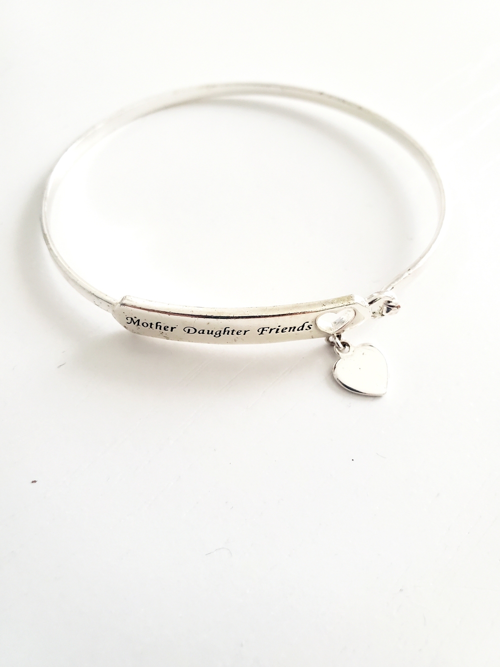Silver Mother Daughter Friends Heart Charm Bangle Bracelet